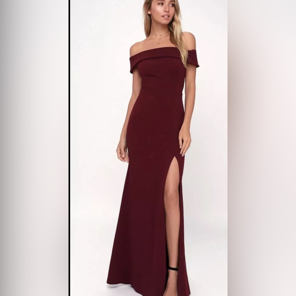 Lulus Aveline Burgundy Off-the-Shoulder Maxi Dress